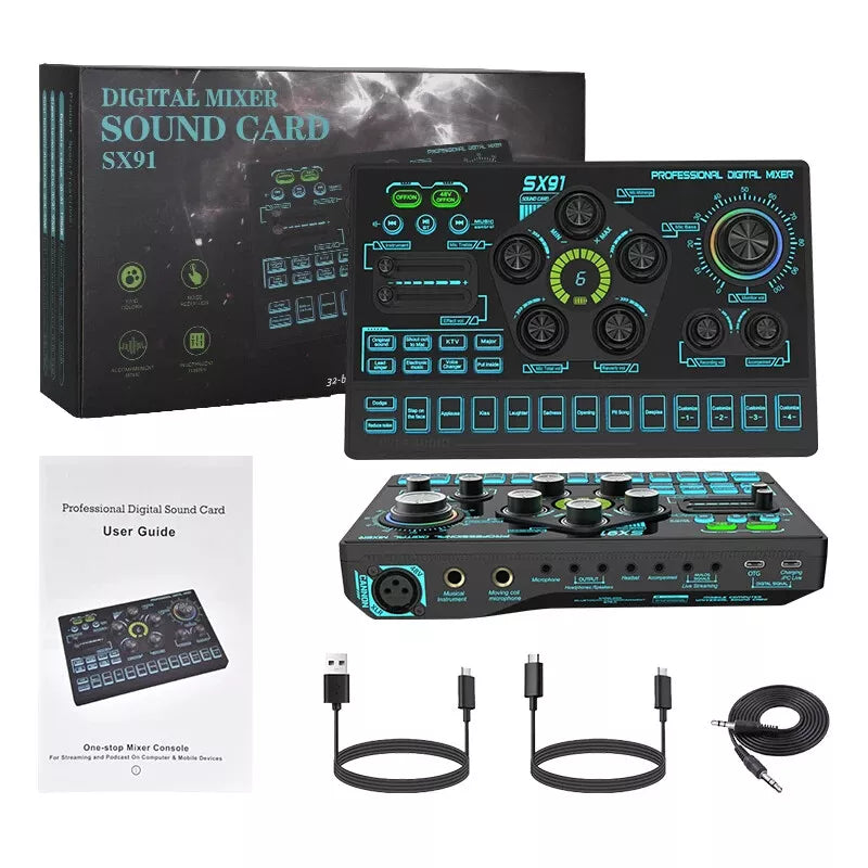 SX91 48V Audio Mixer with Voice changer,Podcast Mixer,Sound Card for Phone