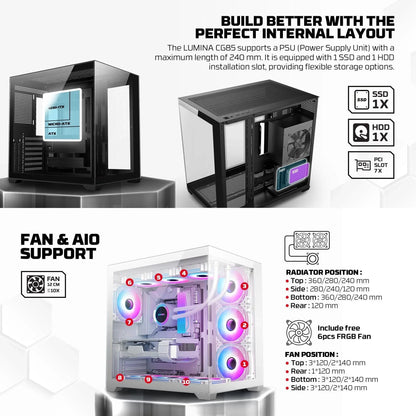 Fantech cg85 lumina mid tower gaming case - black desktop computer & server