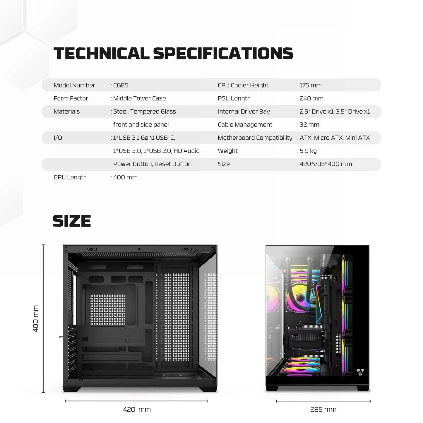 Fantech cg85 lumina mid tower gaming case - black desktop computer & server