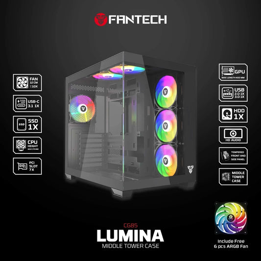 Fantech cg85 lumina mid tower gaming case - black desktop computer & server