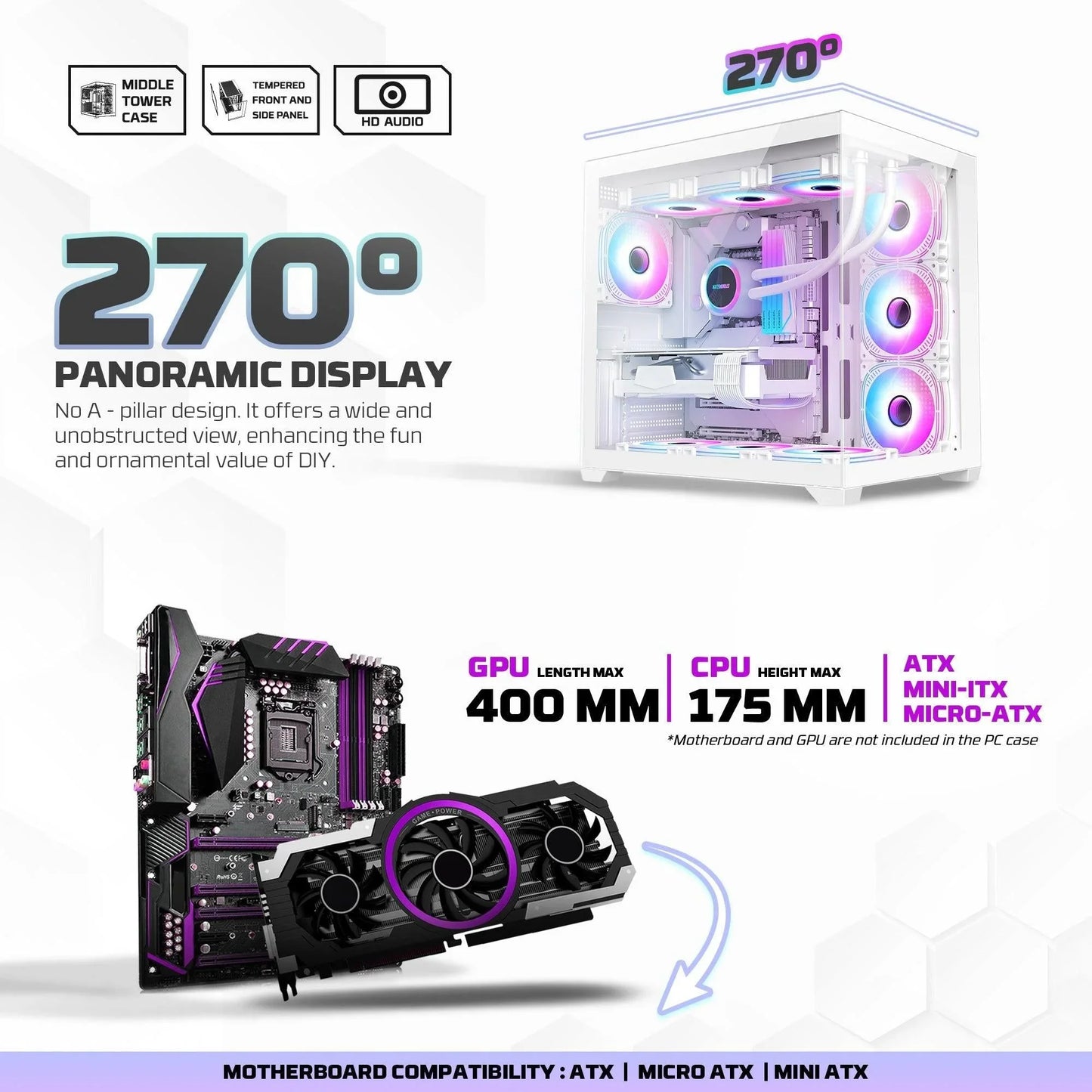 Fantech cg85 lumina mid tower gaming case - white desktop computer & server