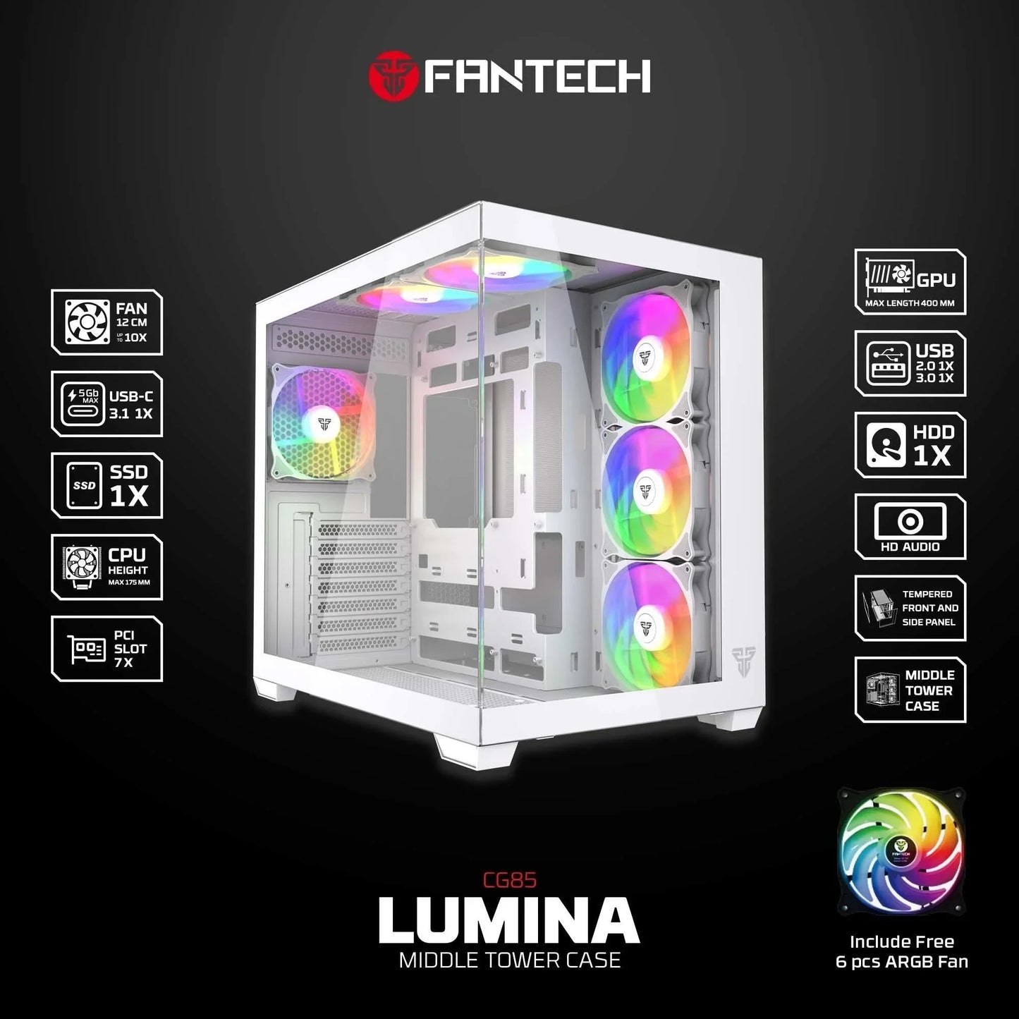 Fantech cg85 lumina mid tower gaming case - white desktop computer & server