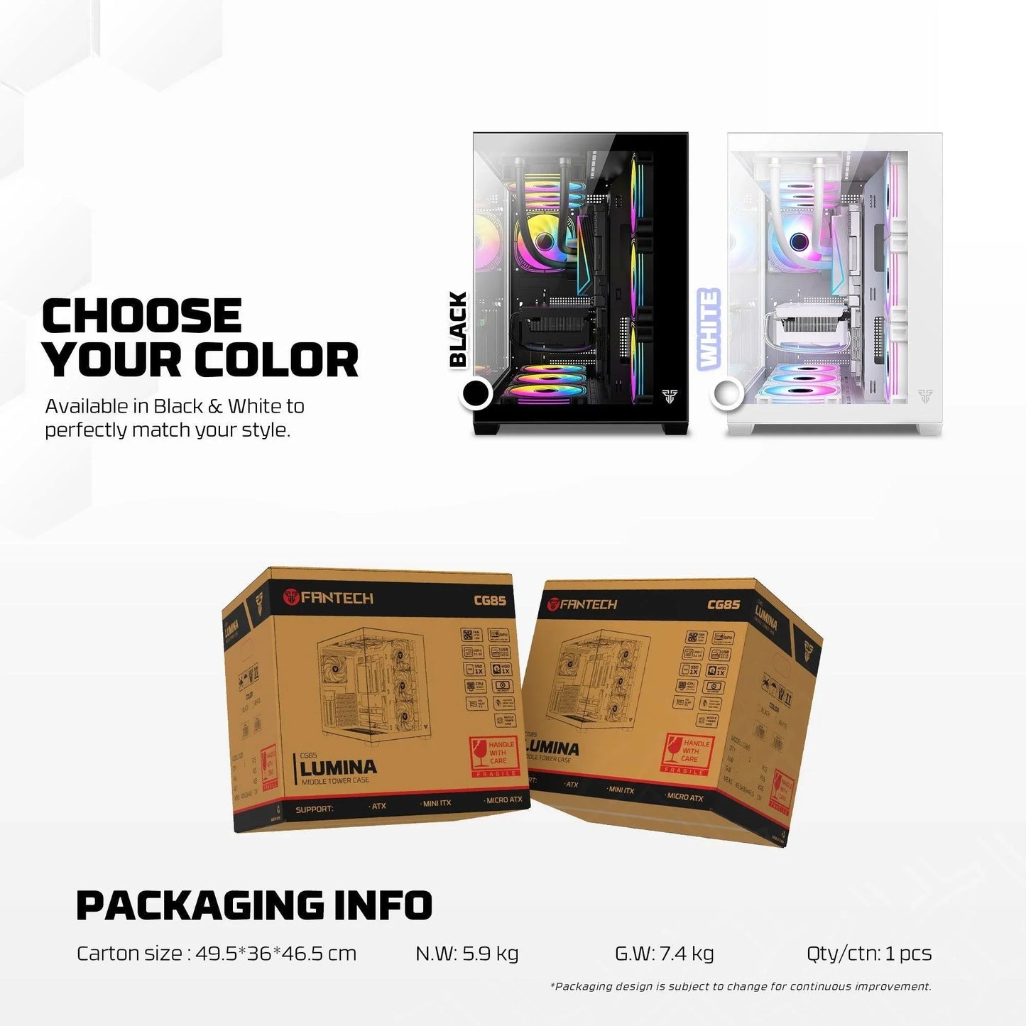 Fantech cg85 lumina mid tower gaming case - white desktop computer & server