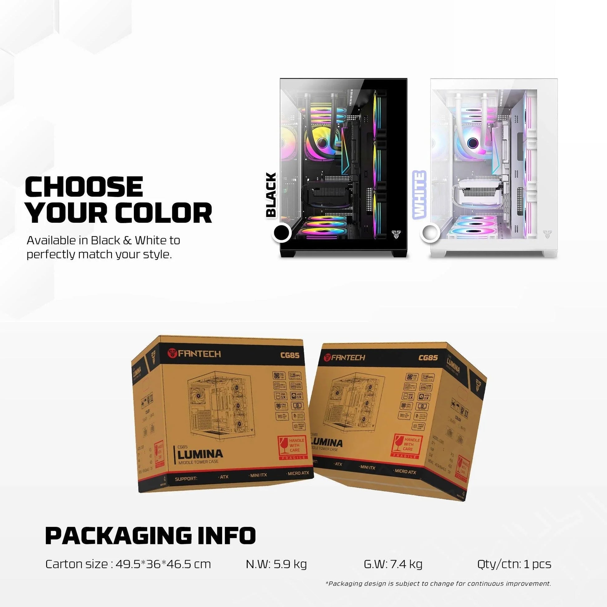 Fantech cg85 lumina mid tower gaming case - white desktop computer & server