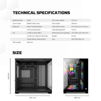 Fantech cg85 lumina mid tower gaming case - white desktop computer & server