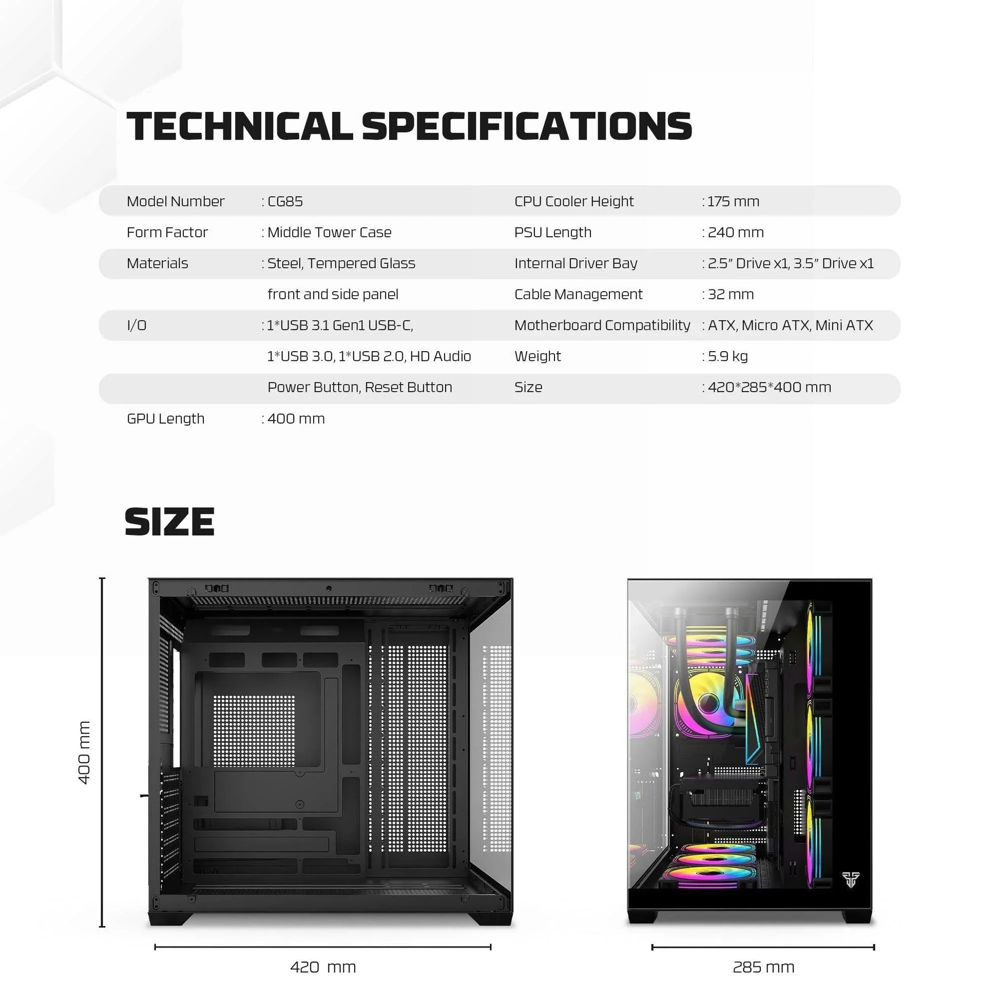 Fantech cg85 lumina mid tower gaming case - white desktop computer & server