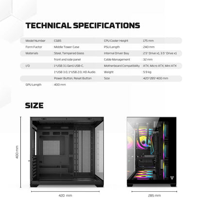 Fantech cg85 lumina mid tower gaming case - white desktop computer & server