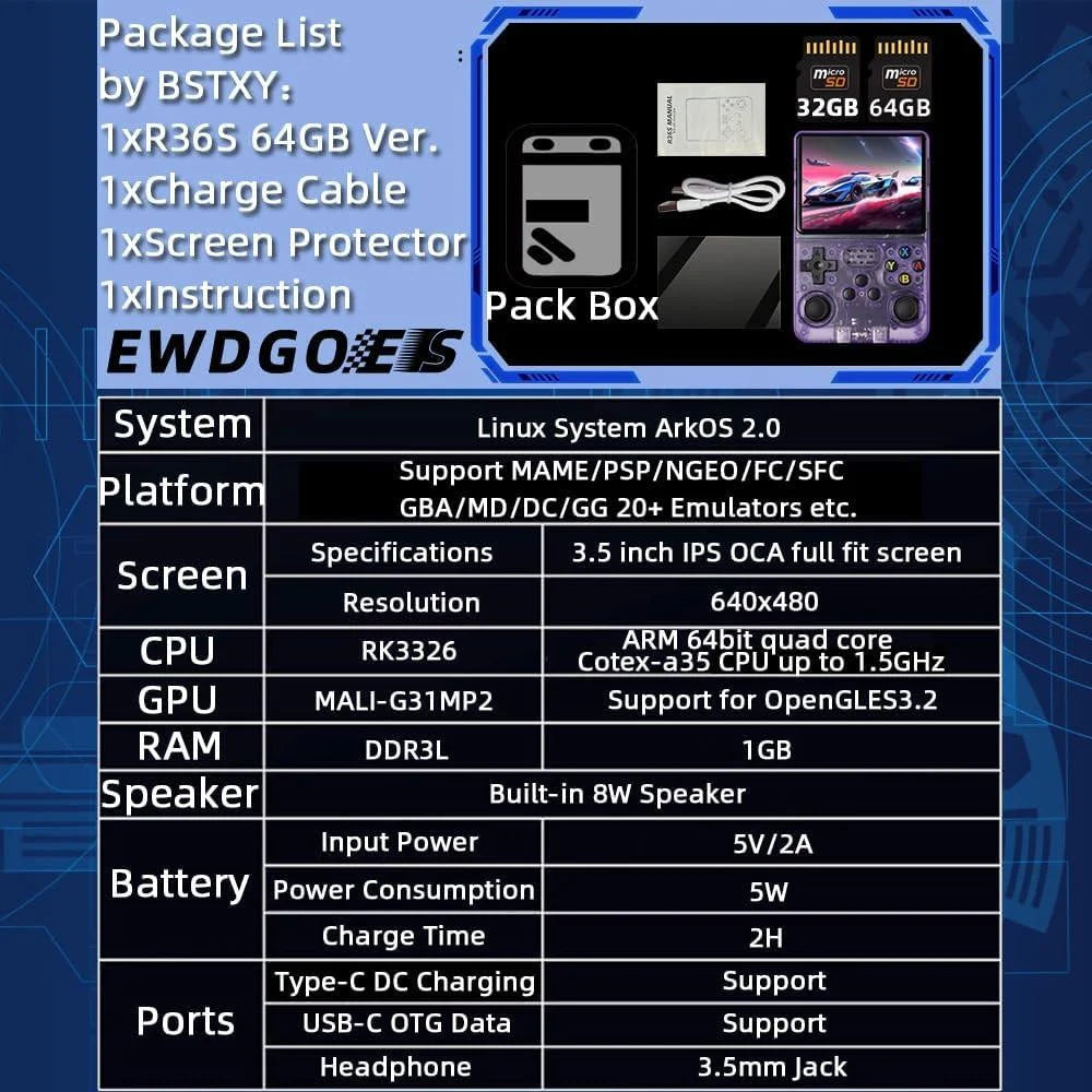 R36s handheld game console 3.5 inch ips screen retro gaming console 64g card