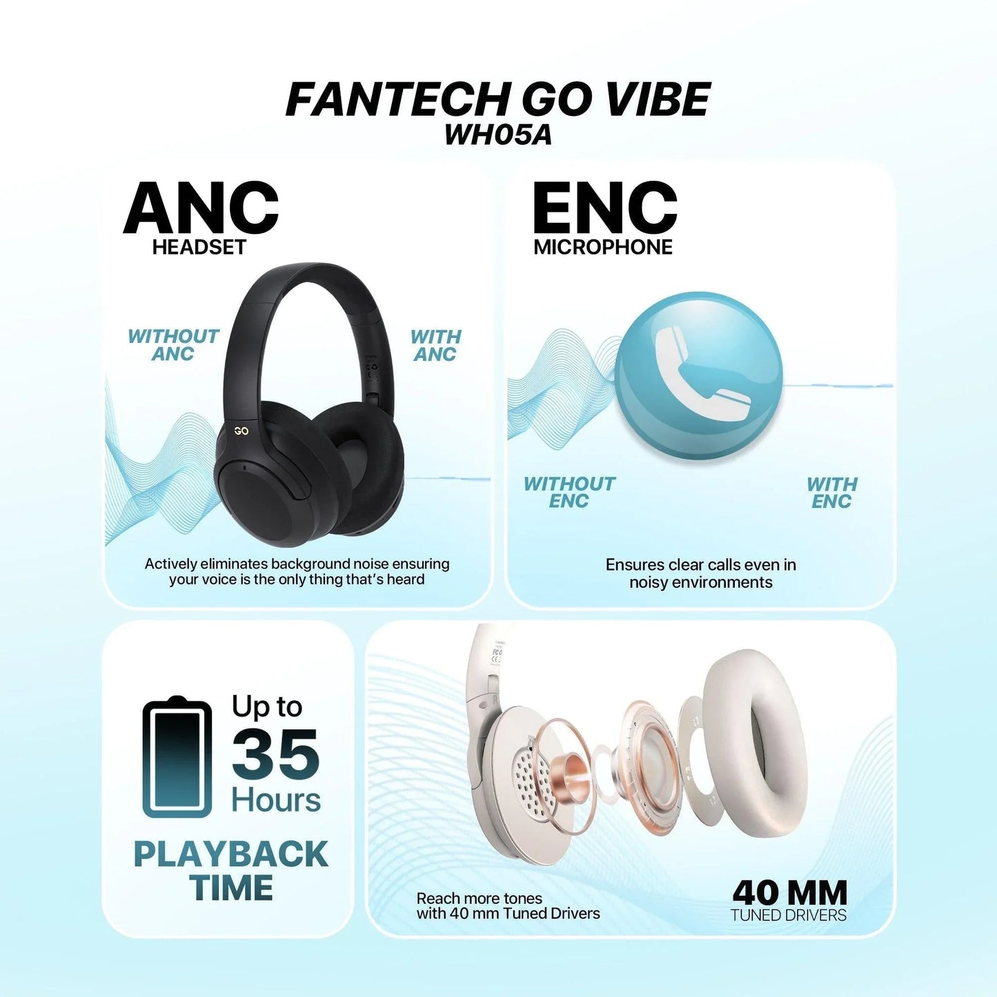 Fantech wh05a go vibe anc wireless headset baige headsets