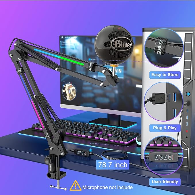 ZealSound RGB Microphone Arm Stand,Mic Arm with RGB Light Streaming
